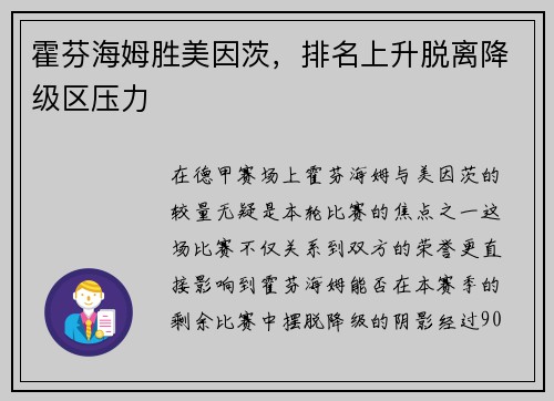 霍芬海姆胜美因茨，排名上升脱离降级区压力