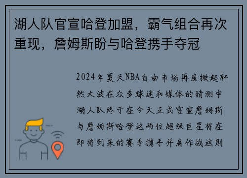 湖人队官宣哈登加盟，霸气组合再次重现，詹姆斯盼与哈登携手夺冠