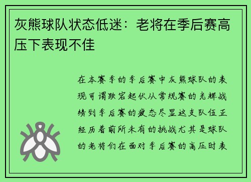 灰熊球队状态低迷：老将在季后赛高压下表现不佳