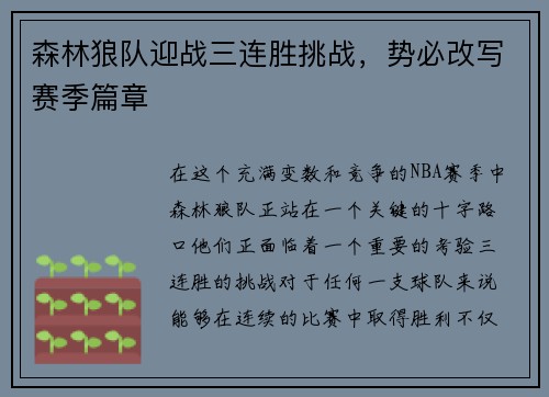 森林狼队迎战三连胜挑战，势必改写赛季篇章