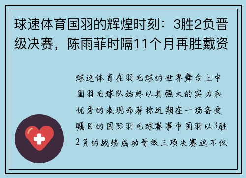 球速体育国羽的辉煌时刻：3胜2负晋级决赛，陈雨菲时隔11个月再胜戴资颖 - 副本