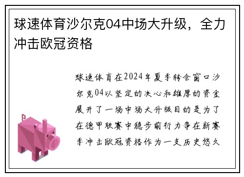 球速体育沙尔克04中场大升级，全力冲击欧冠资格