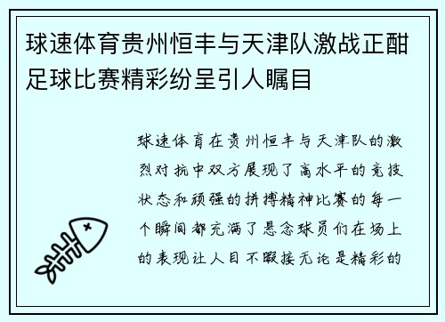 球速体育贵州恒丰与天津队激战正酣足球比赛精彩纷呈引人瞩目