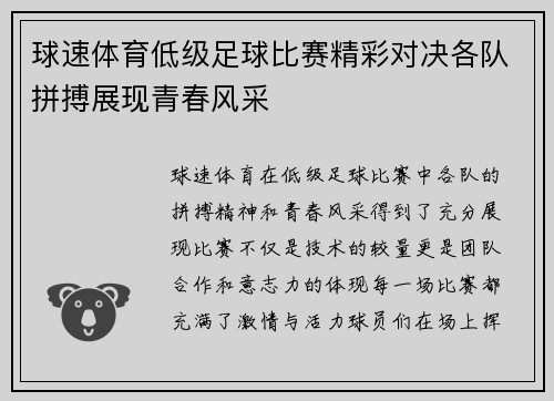 球速体育低级足球比赛精彩对决各队拼搏展现青春风采