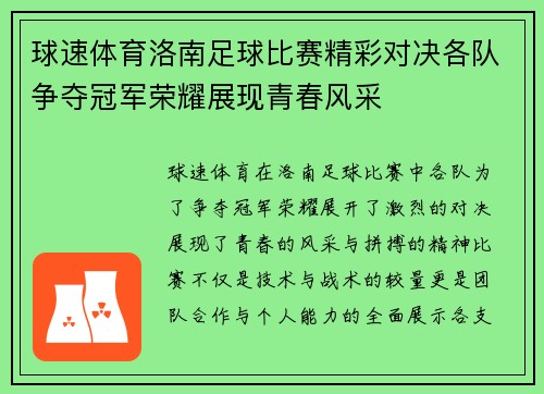 球速体育洛南足球比赛精彩对决各队争夺冠军荣耀展现青春风采