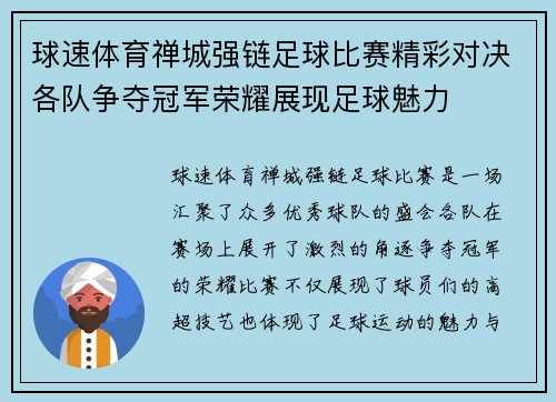 球速体育禅城强链足球比赛精彩对决各队争夺冠军荣耀展现足球魅力
